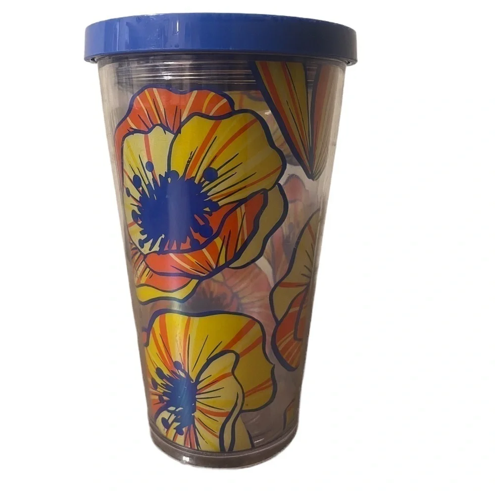 STARBUCKS 16ozs flowers grande size cold cup blue yellow orange clear tumbler